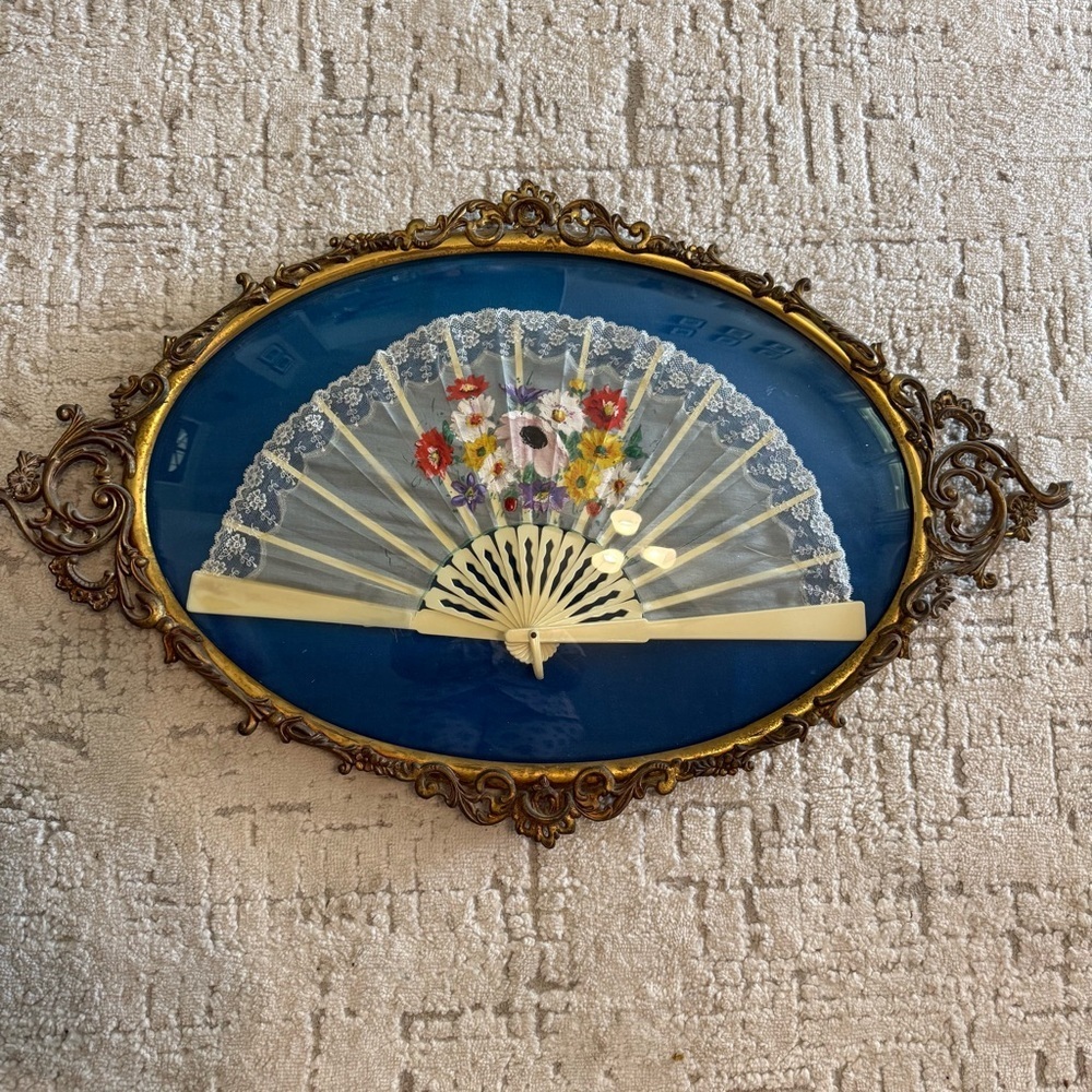 Ornate Victorian Hand Painted Fan In Frame Bubble French Shadow Box Brass Wall